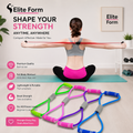 Person using resistance bands with Elite Form branding and product features listed.
