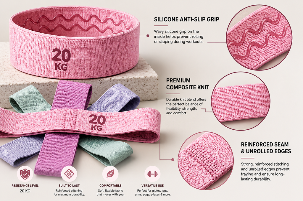 Pink resistance band with features highlighted on a neutral background