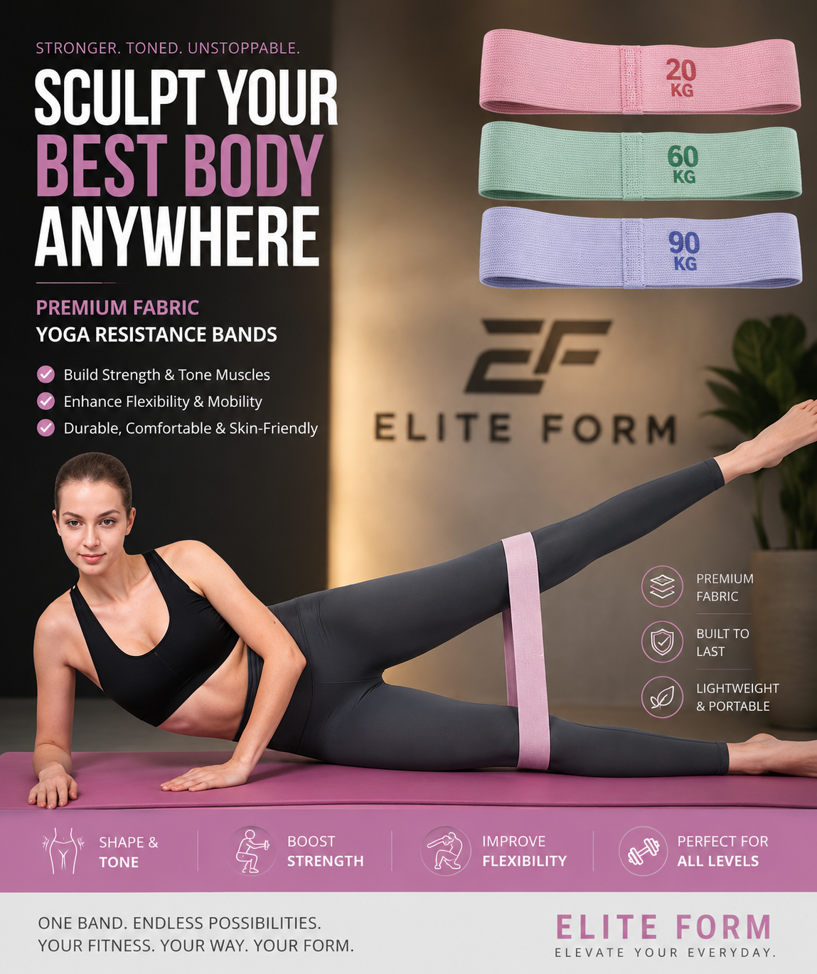 Advertisement for Elite Form yoga resistance bands with a woman exercising and product details.