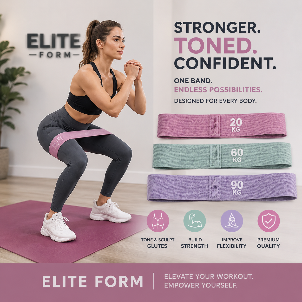 Woman exercising with resistance bands, with Elite Form branding and product display.