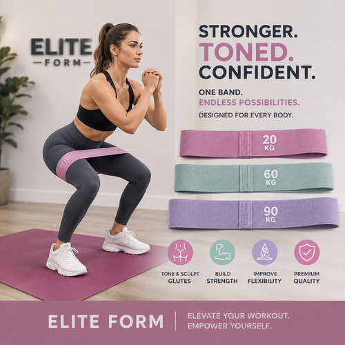 Woman exercising with resistance bands, with Elite Form branding and product display.